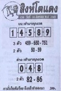 เลขเด็ด หวยสิงห์โตแดง16-8-65