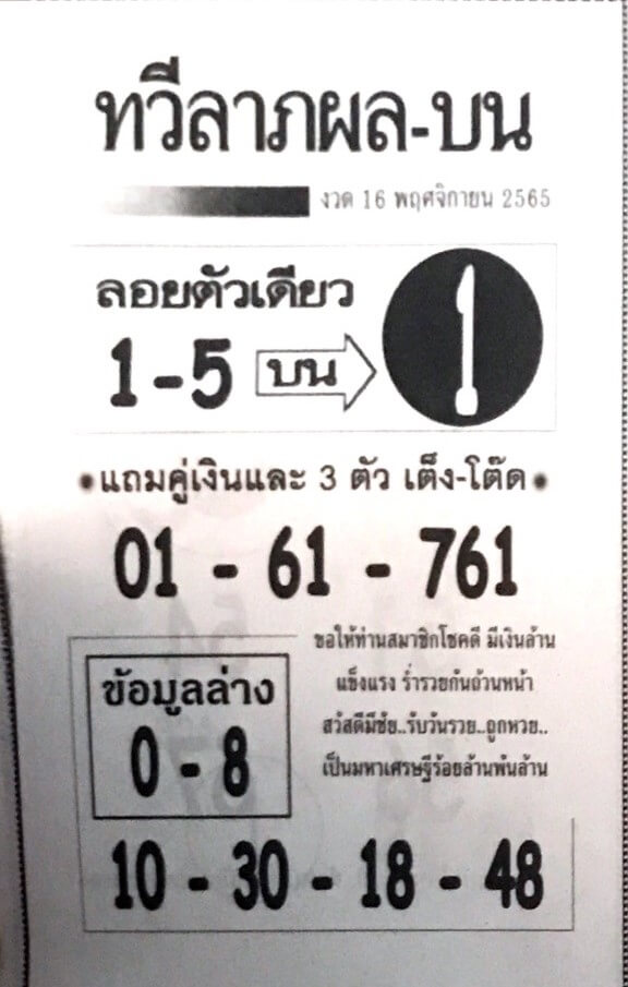 เลขเด็ดงวดนี้ หวยทวีลาภผลบน16-11-65