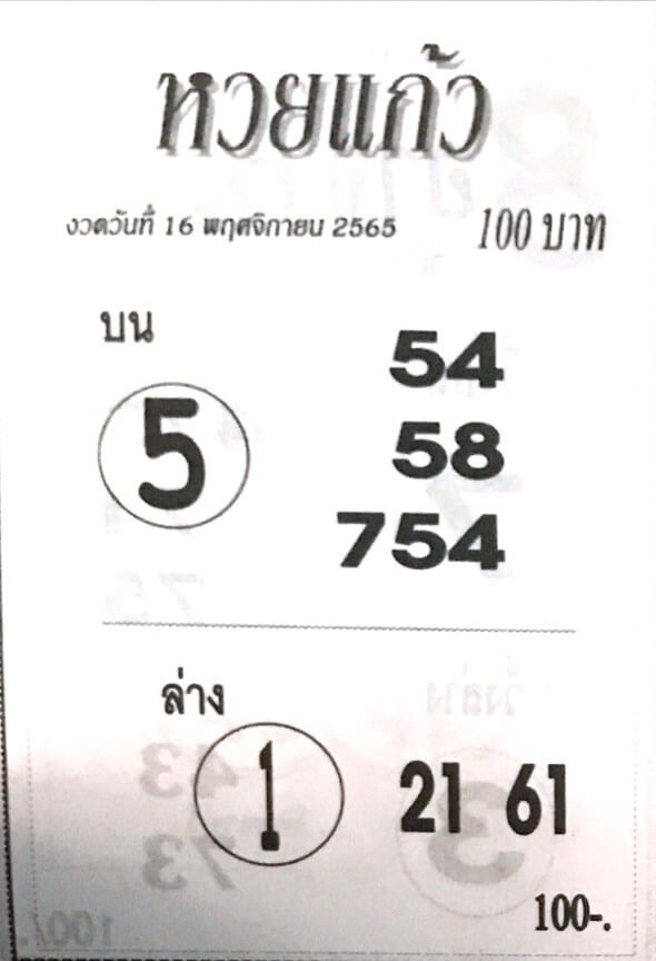 เลขเด็ดงวดนี้ หวยแก้ว16-11-65