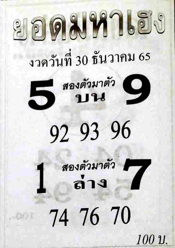 เลขเด็ดงวดนี้ หวยยอดมหาเฮง 30-12-65