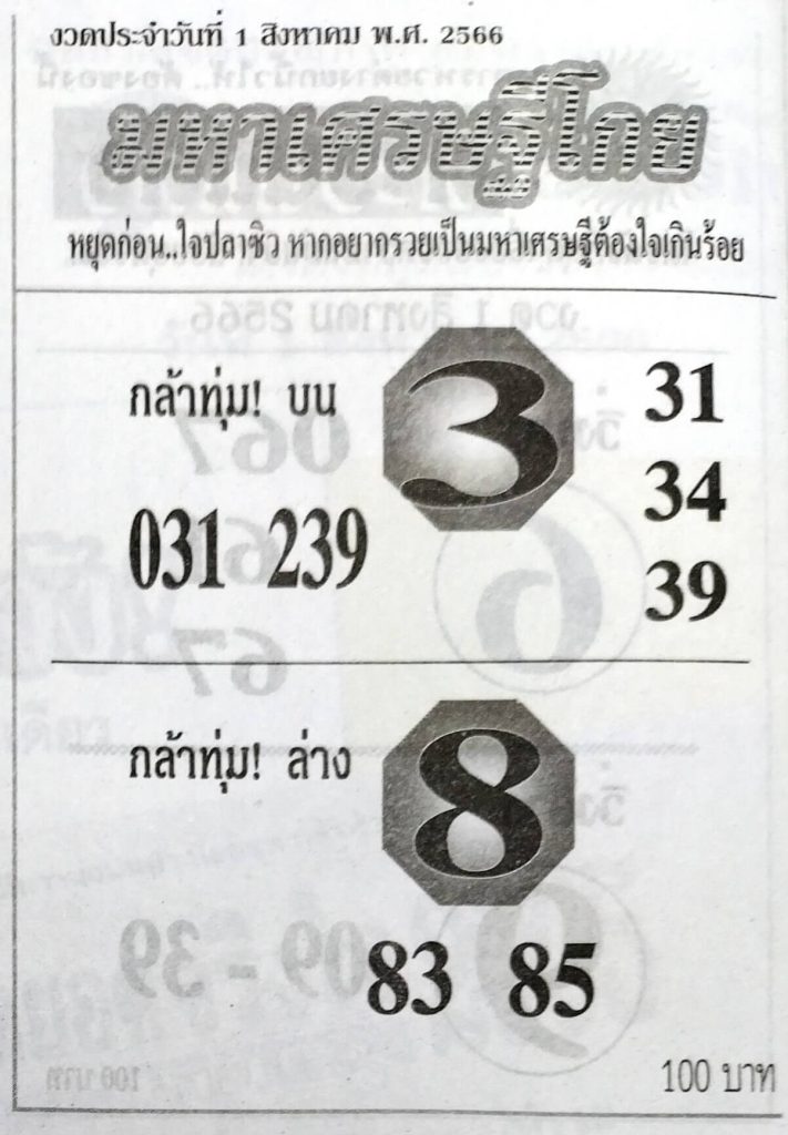 หวยมหาเศรษฐีโกยงวดนี้ 31-7-66