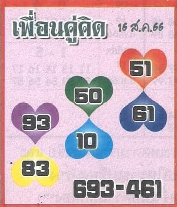 หวยเพื่อนคู่คิดงวดนี้ 16-8-66